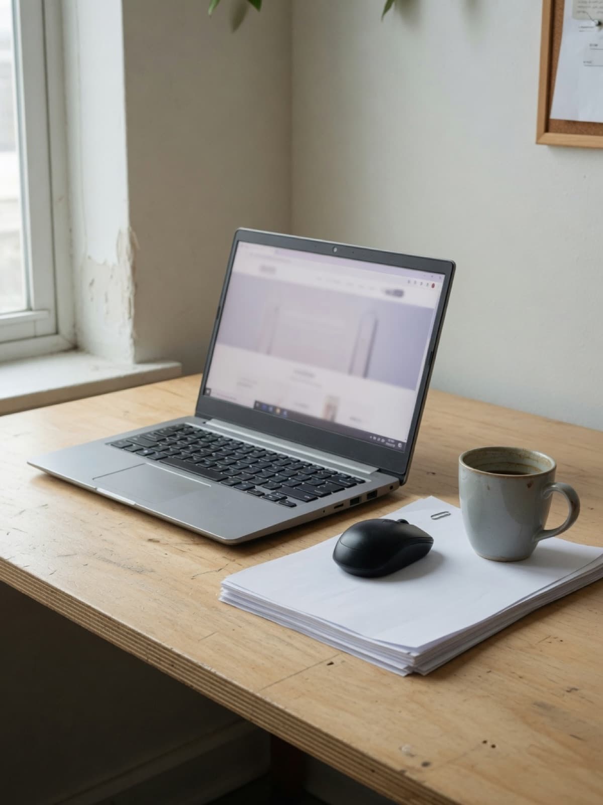 A laptop on a plywood desk with a simple website on screen, papers and a mug beside it.