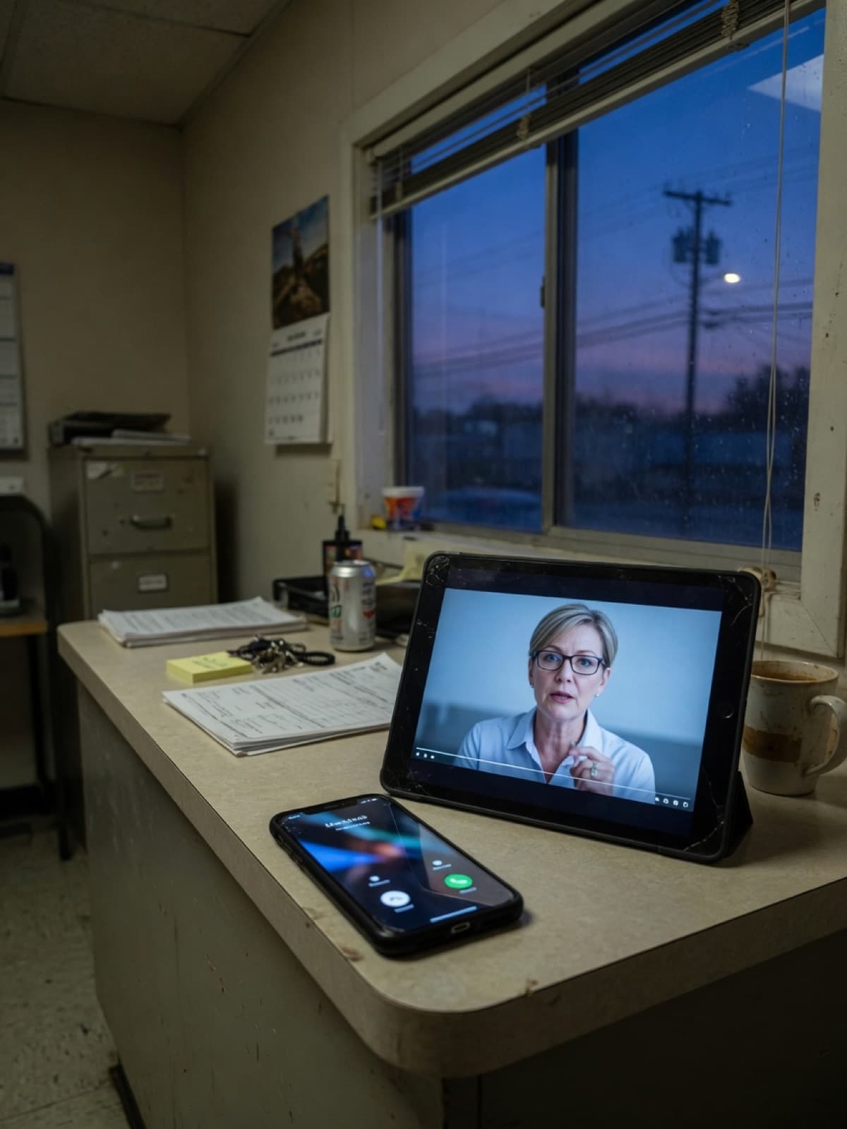 After-hours contractor office. A phone lights up on the counter while a tablet plays a talking-head receptionist.