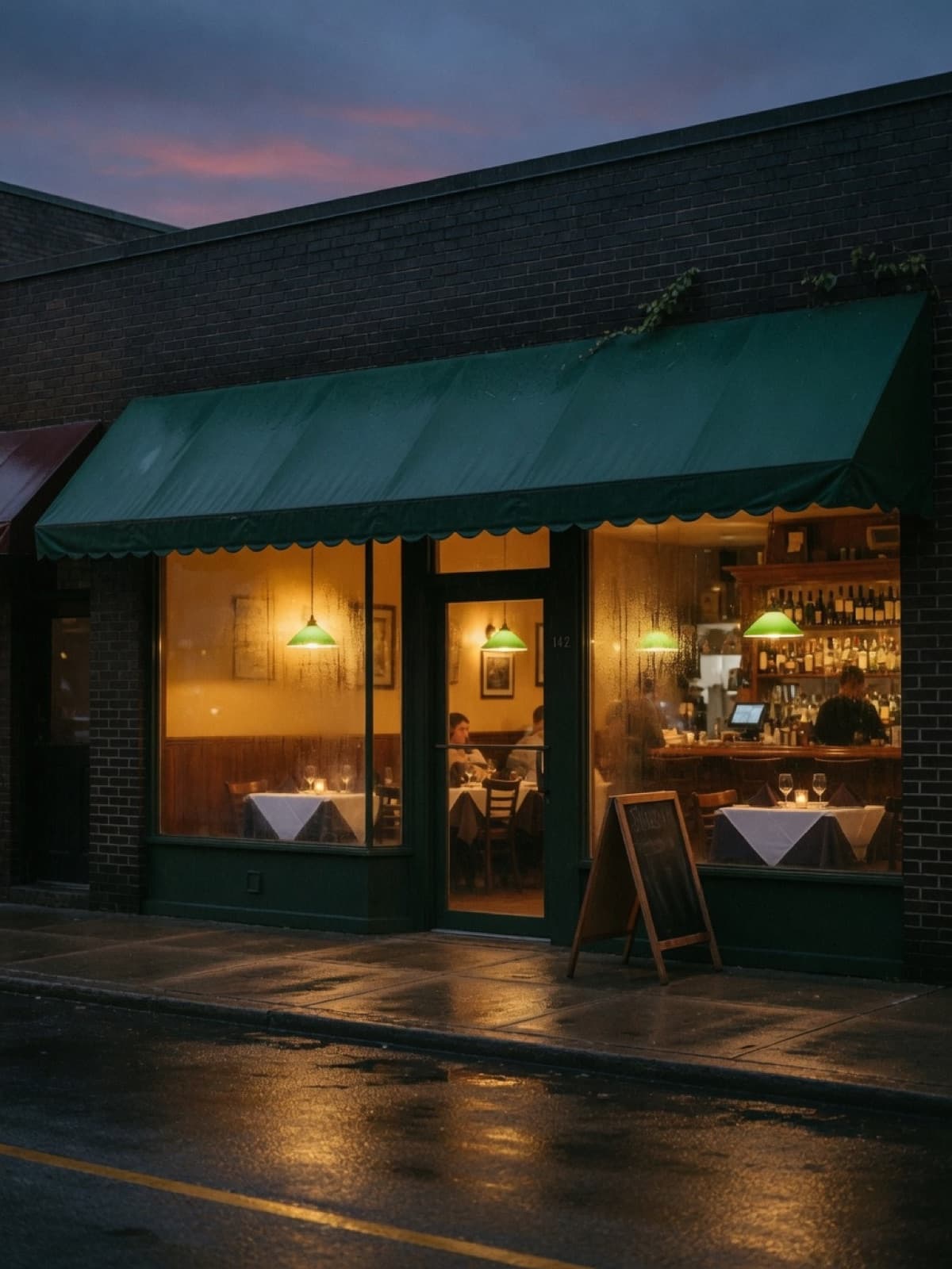 A neighborhood restaurant at dusk. Warm light from the windows, wet street, no stock-photo parking lot.